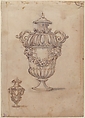 Two Designs for Vases (recto); Design for Candle Stick (?) (verso), Giovanni Battista Foggini (Italian, Florence 1652–1725 Florence), Pen and brown ink, brush and brown and gray wash, over traces of black chalk. Traces of a vertical black chalk line through the center of the design. Verso: graphite